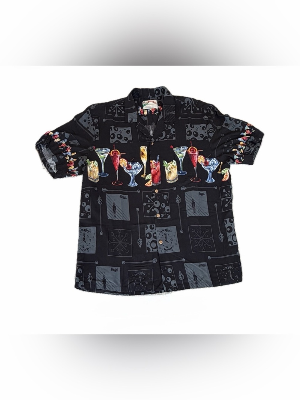 Paradise Found Vintage Martini Cocktail Happy Hour Hawaiian Black Shirt USA XL